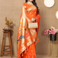 Lorenvalley Fashion Orange Soft Paithani Silk Woven Design Rich Zari Meenakari Weaving Saree - Swadesiicart