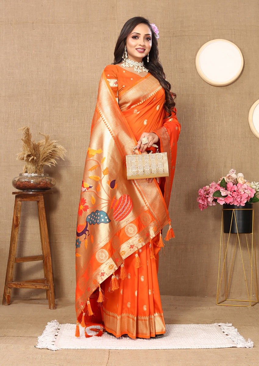 Lorenvalley Fashion Orange Soft Paithani Silk Woven Design Rich Zari Meenakari Weaving Saree - Swadesiicart