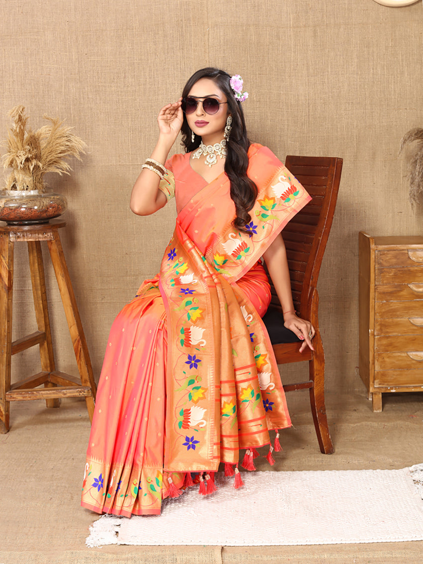 Lorenvalley Fashion Orange Soft Paithani Silk Woven Design Rich Zari Meenakari Weaving Saree - Swadesiicart