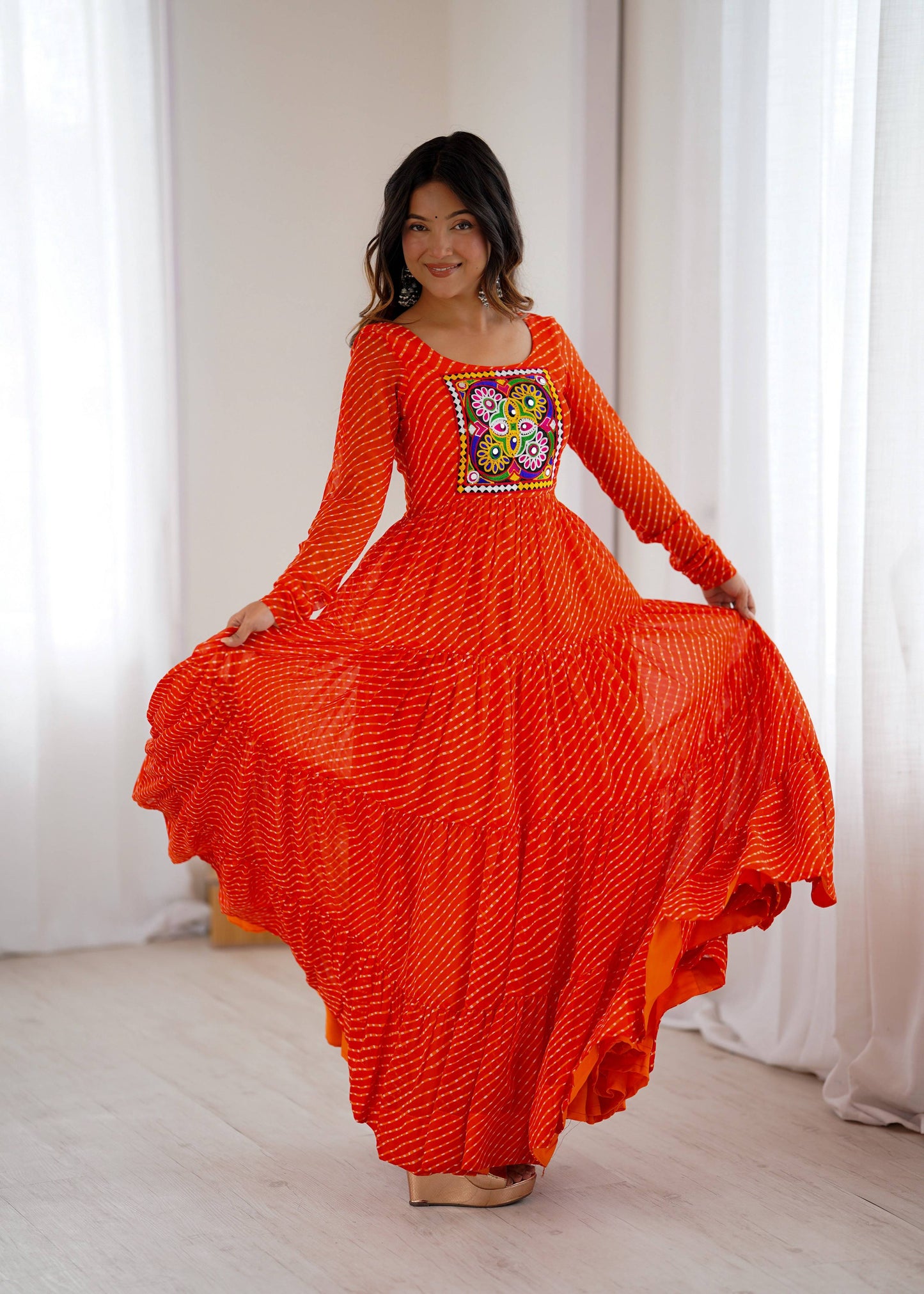 Lorenvalley Fashion Women Pure Soft Faux Georgette Leheriya Print Anarkali Gown - Swadesiicart