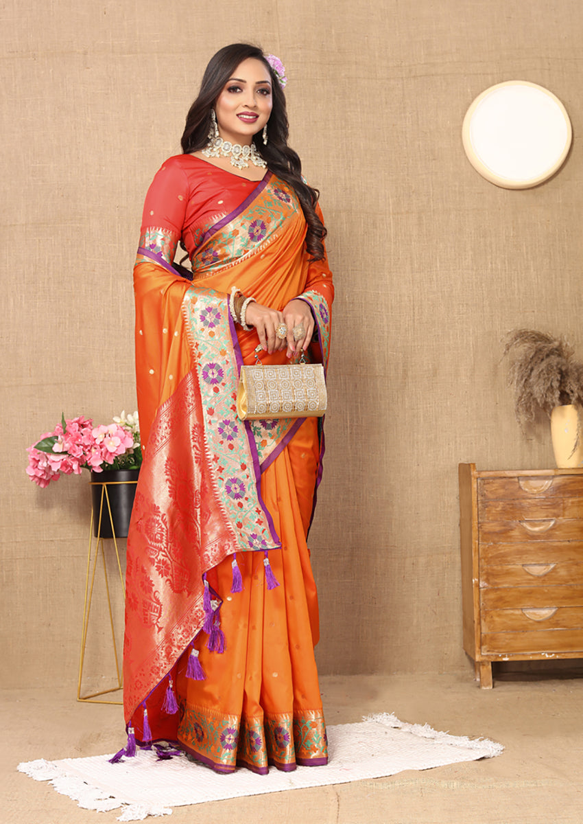 Lorenvalley Fashion Orange Soft Paithani Silk Woven Design Rich Meenakari Zari Weaving Pallu Saree - Swadesiicart