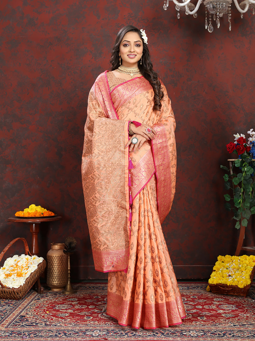 Lorenvalley Fashion Orange Soft Katan Silk Woven Design Rich Zari Weaving Pallu Saree - Swadesiicart