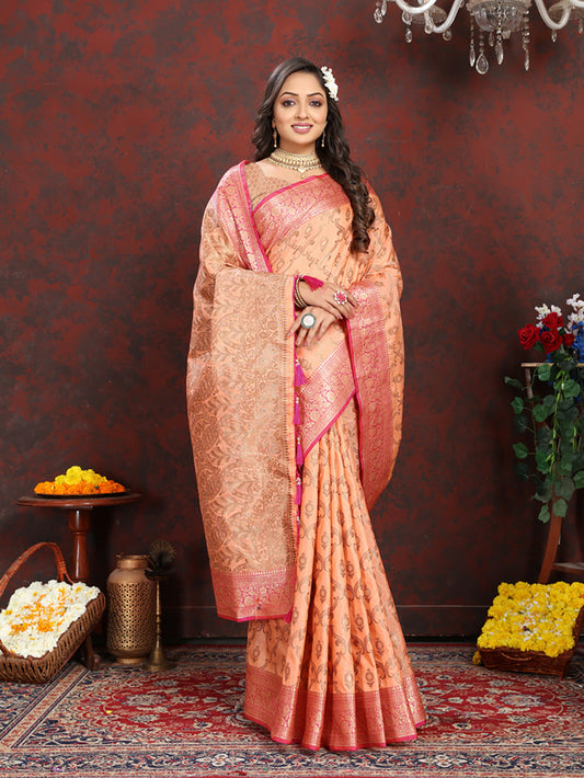 Lorenvalley Fashion Orange Soft Katan Silk Woven Design Rich Zari Weaving Pallu Saree - Swadesiicart
