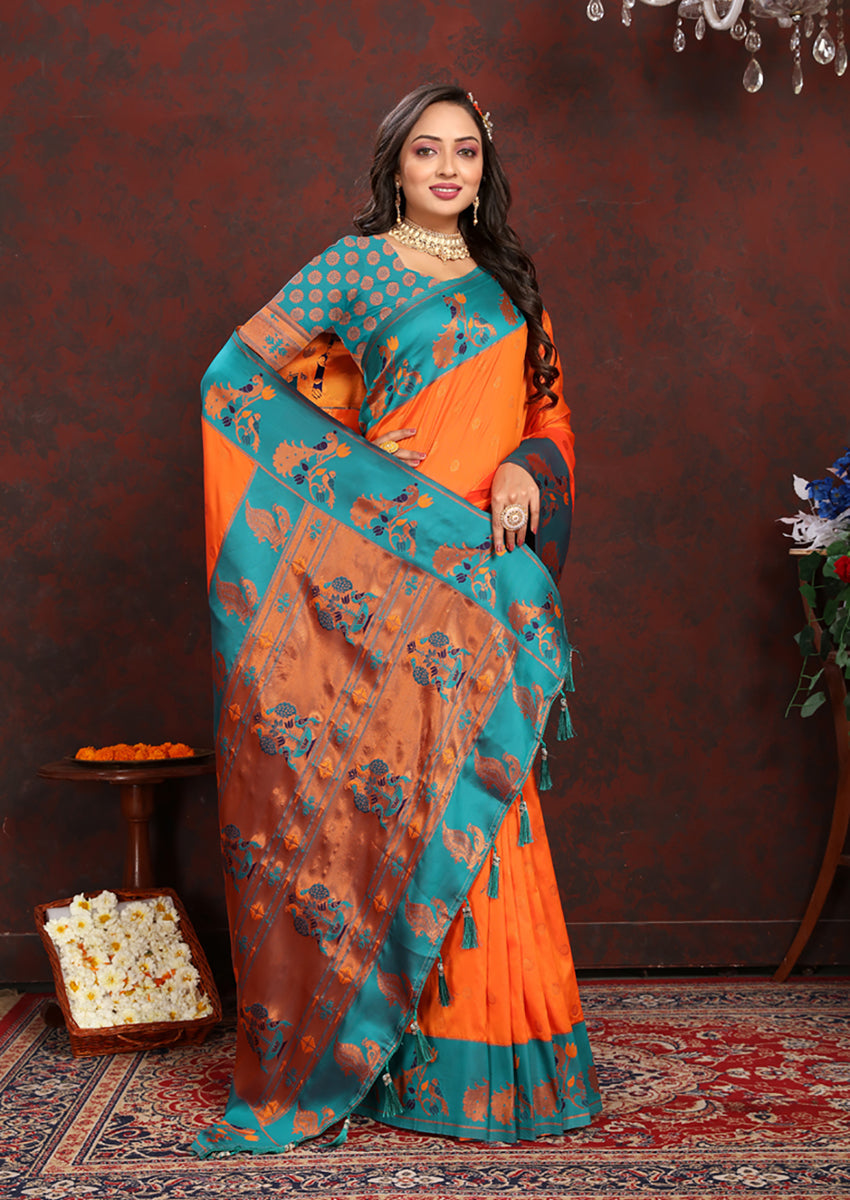 Lorenvalley Fashion Orange Soft Paithani Silk Woven Design Rich Zari Meenakari Weaving Saree - Swadesiicart