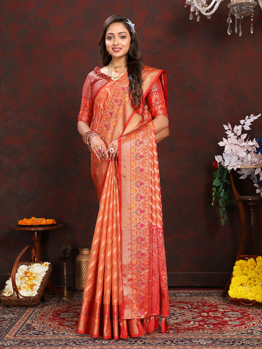 Lorenvalley Fashion Orange Organza Silk Woven Design with Rich Meenakari Weaving Pallu Saree - Swadesiicart