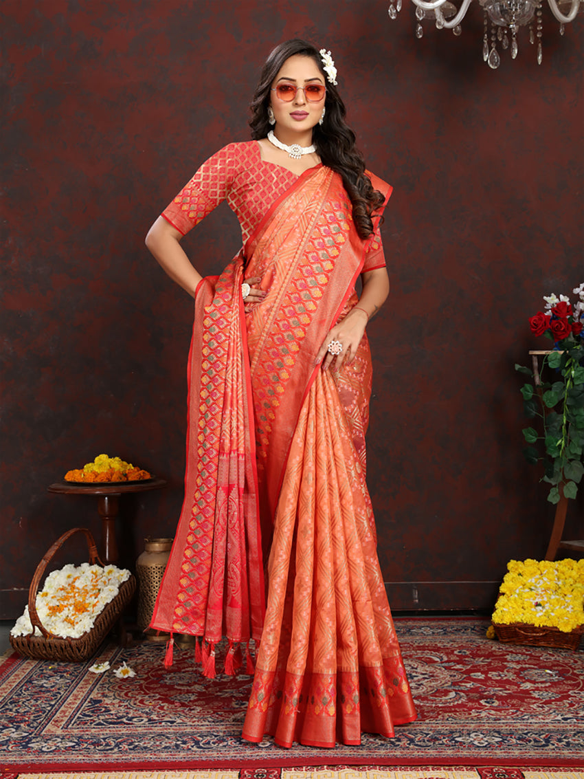 Lorenvalley Fashion Orange Organza Silk Woven Design with Rich Meenakari Weaving Pallu Saree - Swadesiicart