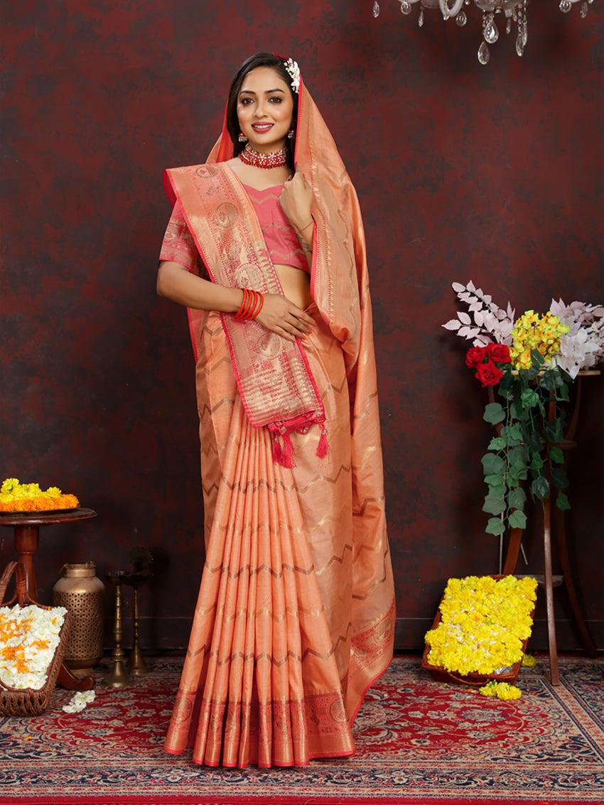 Lorenvalley Fashion Orange Soft Katan Silk Woven Design Zari Weaving Pallu Saree - Swadesiicart