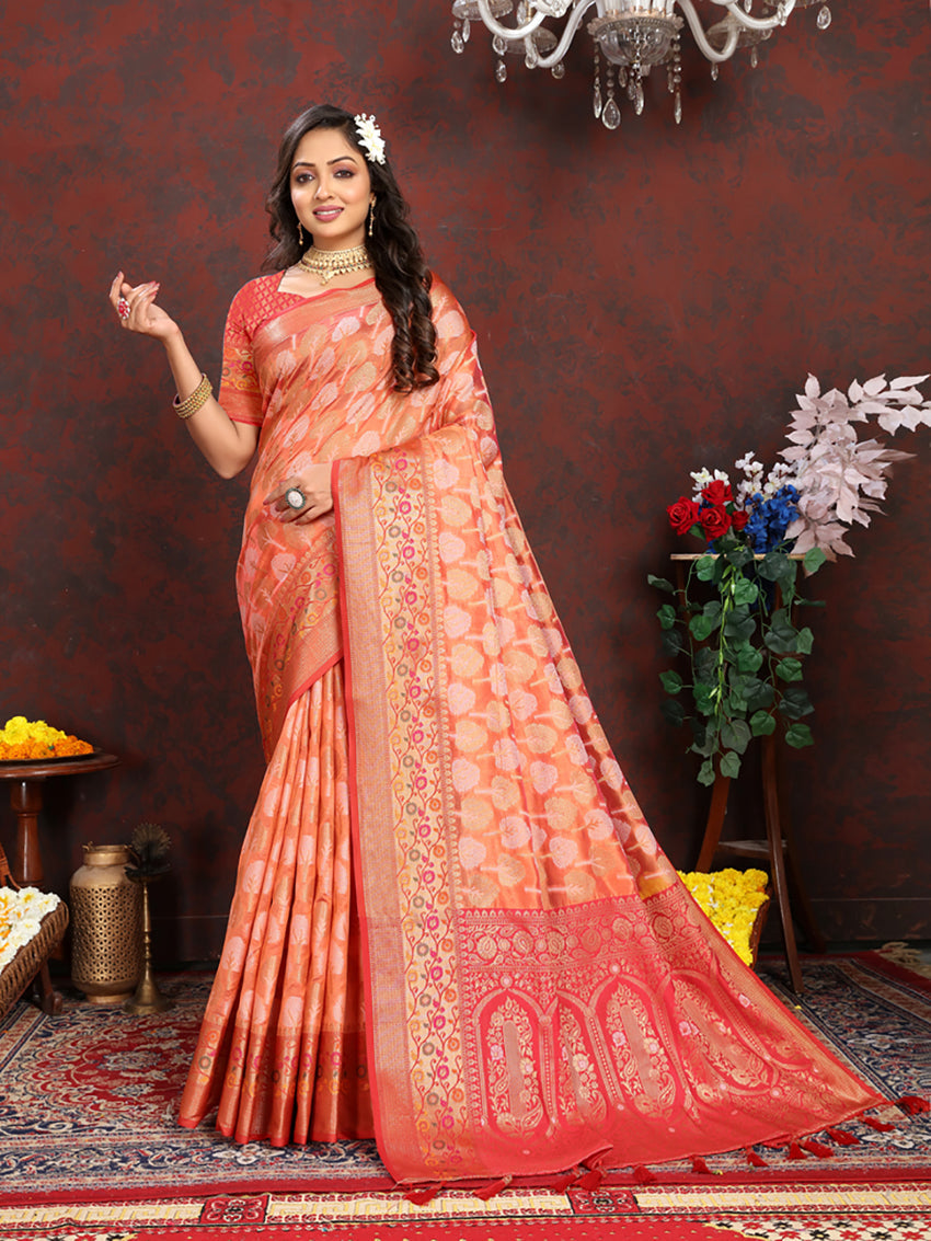 Lorenvalley Fashion Orange Organza Silk Woven Design with Rich Meenakari Weaving Pallu Saree - Swadesiicart