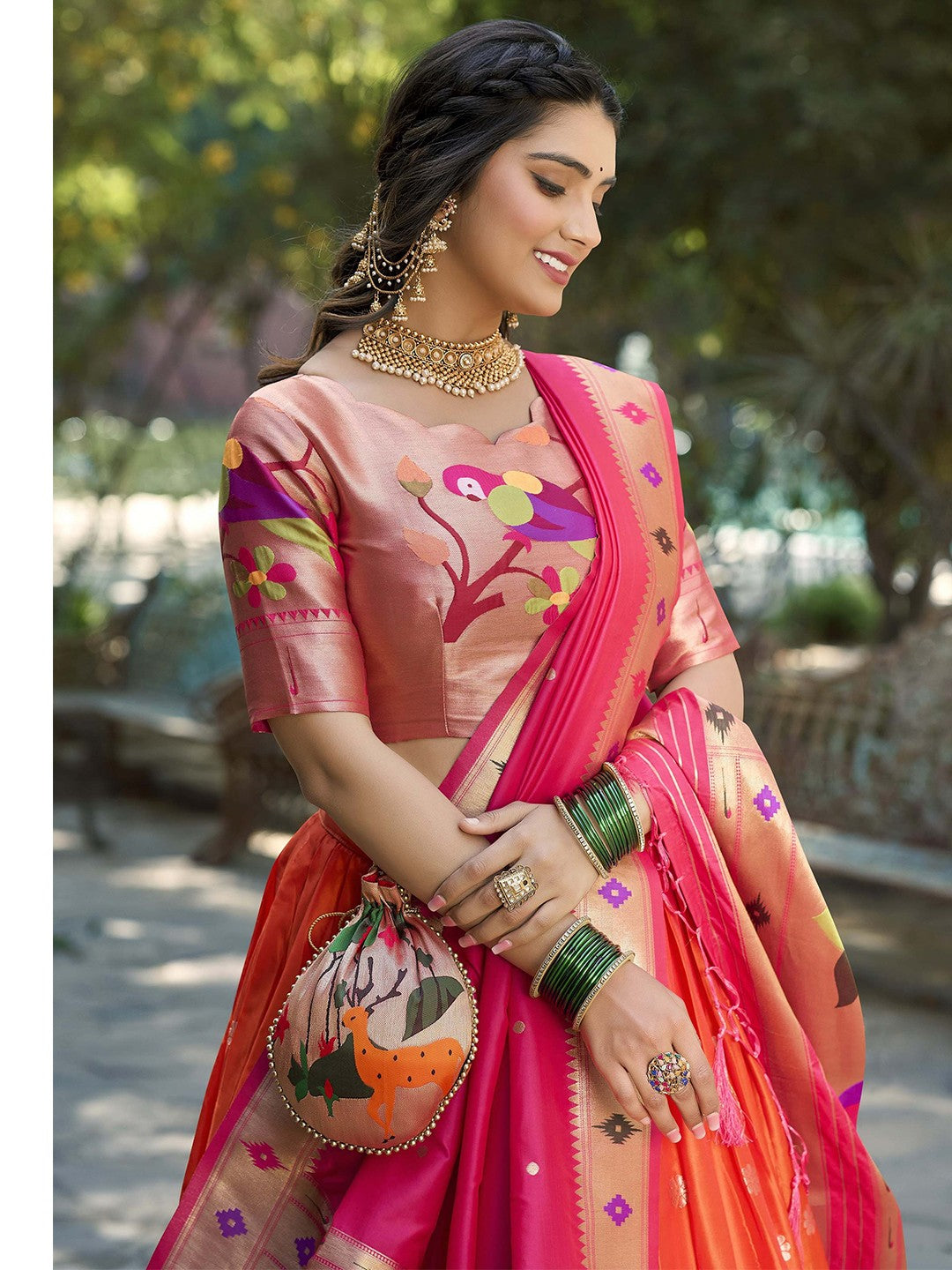 Lorenvalley Orange Jacquard Silk Paithani Weaving Zari Lehenga Choli with Dupatta | Swadesiicart