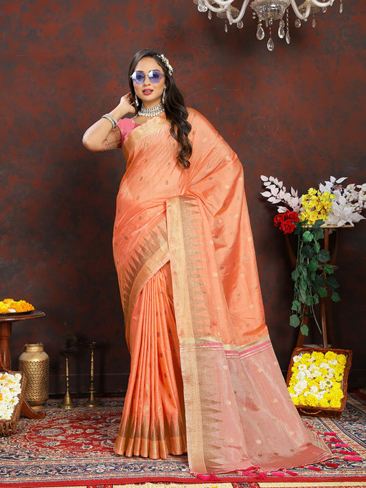 Lorenvalley Fashion Orange Soft Katan Silk Woven Design Zari Weaving Pallu Saree - Swadesiicart
