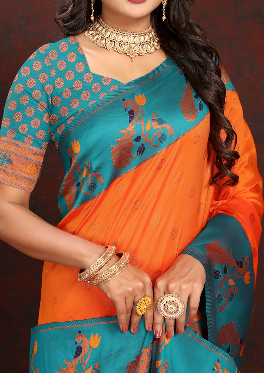 Lorenvalley Fashion Orange Soft Paithani Silk Woven Design Rich Zari Meenakari Weaving Saree - Swadesiicart