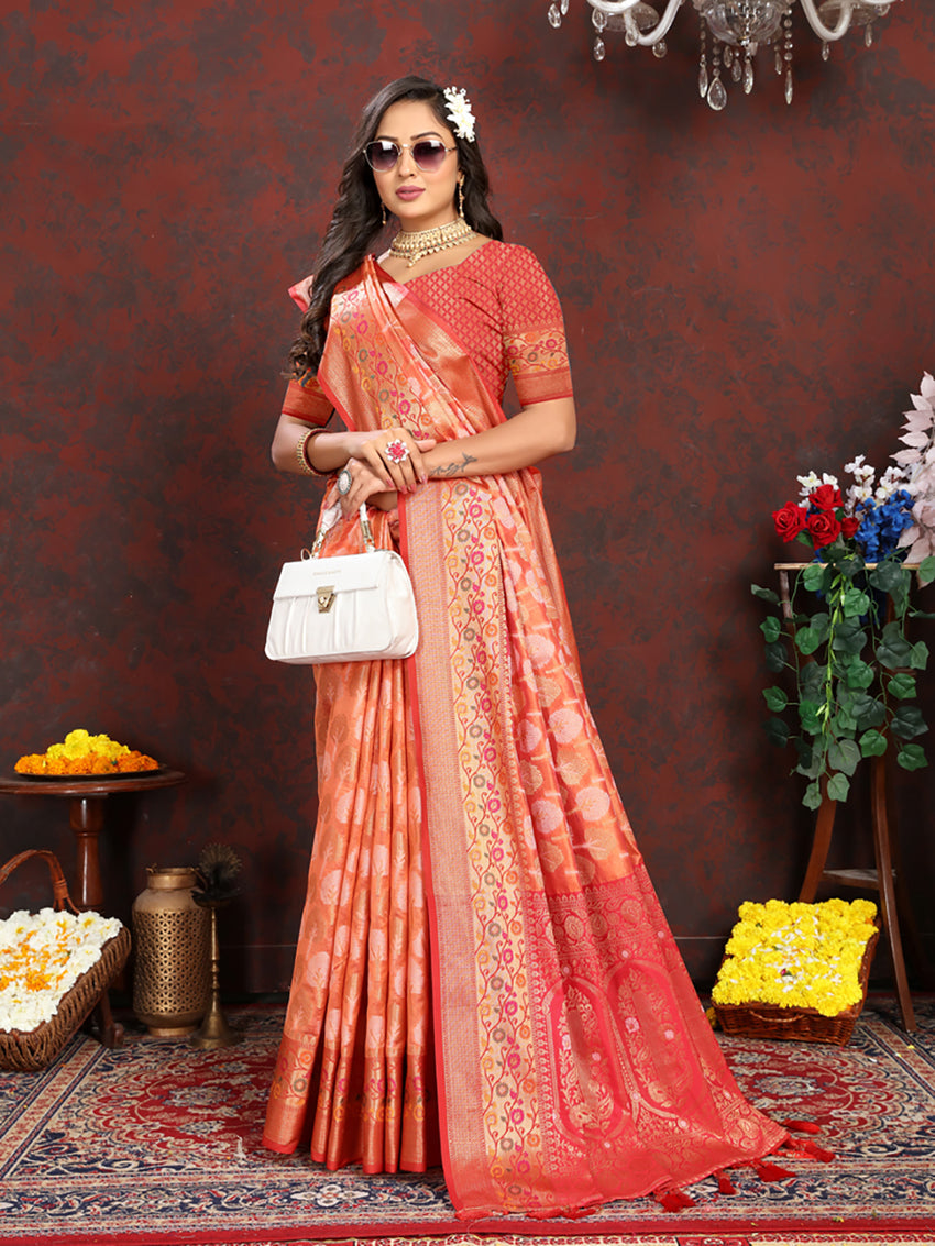 Lorenvalley Fashion Orange Organza Silk Woven Design with Rich Meenakari Weaving Pallu Saree - Swadesiicart