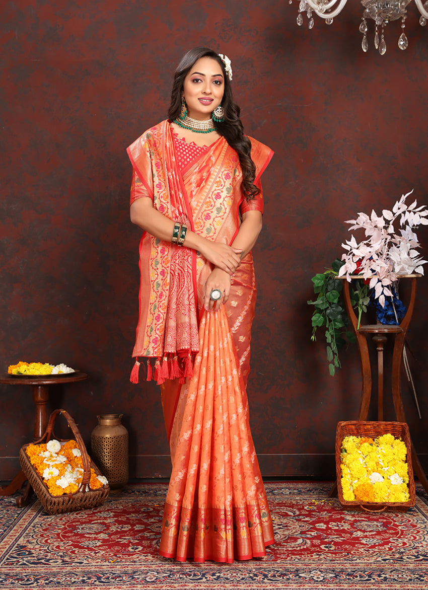 Lorenvalley Fashion Orange Organza Silk Woven Design with Rich Meenakari Weaving Pallu Saree - Swadesiicart