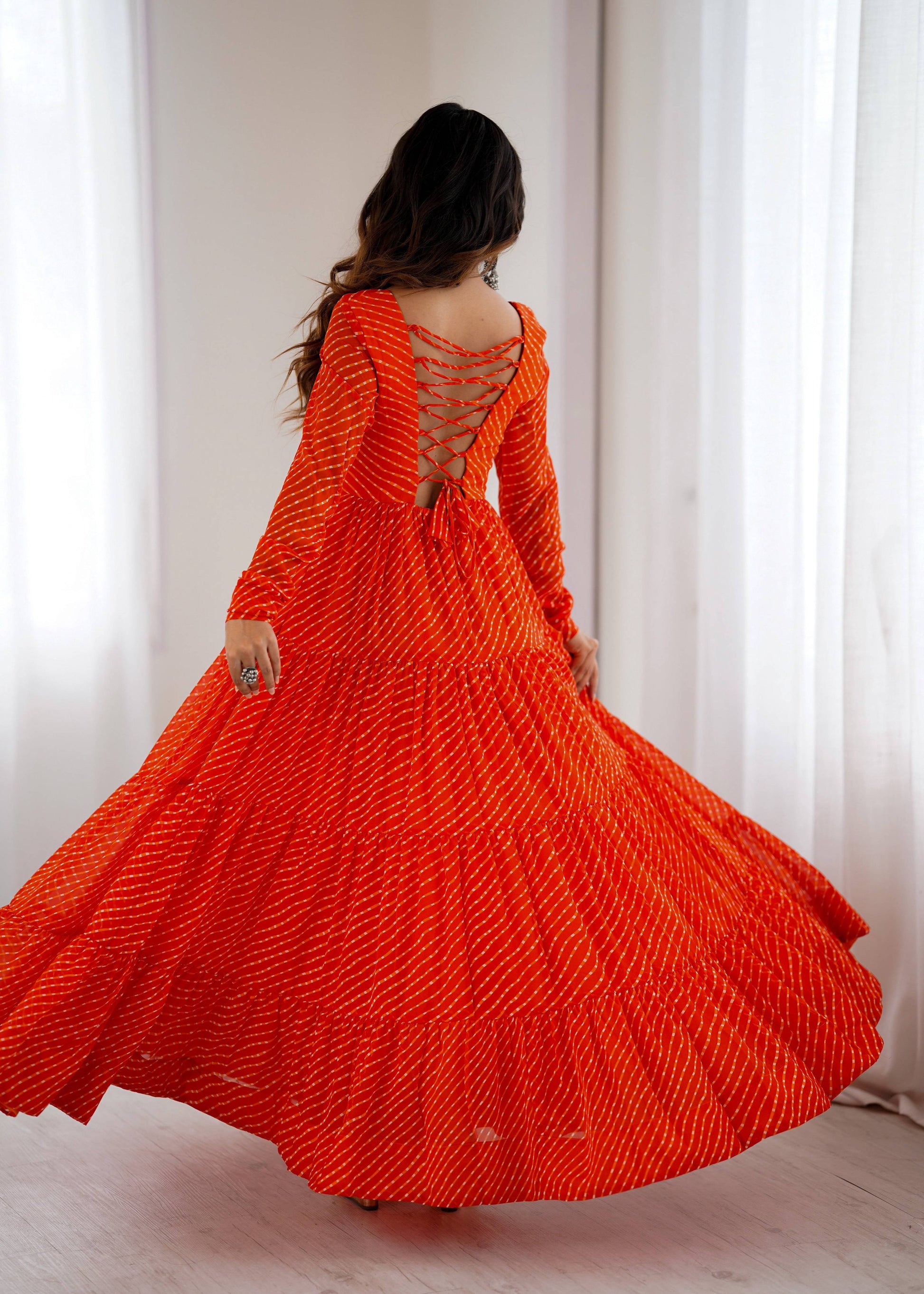 Lorenvalley Fashion Women Pure Soft Faux Georgette Leheriya Print Anarkali Gown - Swadesiicart