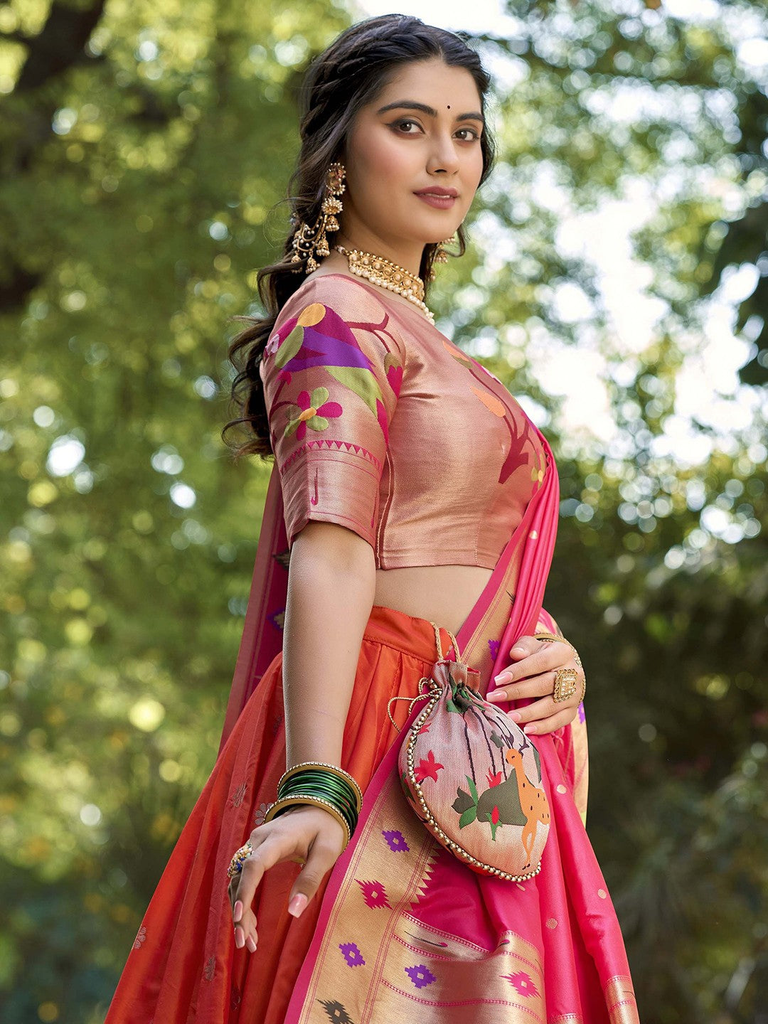 Lorenvalley Orange Jacquard Silk Paithani Weaving Zari Lehenga Choli with Dupatta | Swadesiicart