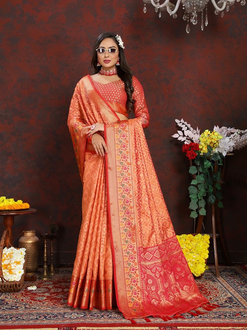 Lorenvalley Fashion Orange Organza Silk Woven Design with Rich Meenakari Weaving Pallu Saree - Swadesiicart