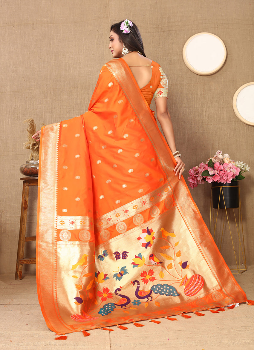 Lorenvalley Fashion Orange Soft Paithani Silk Woven Design Rich Zari Meenakari Weaving Saree - Swadesiicart