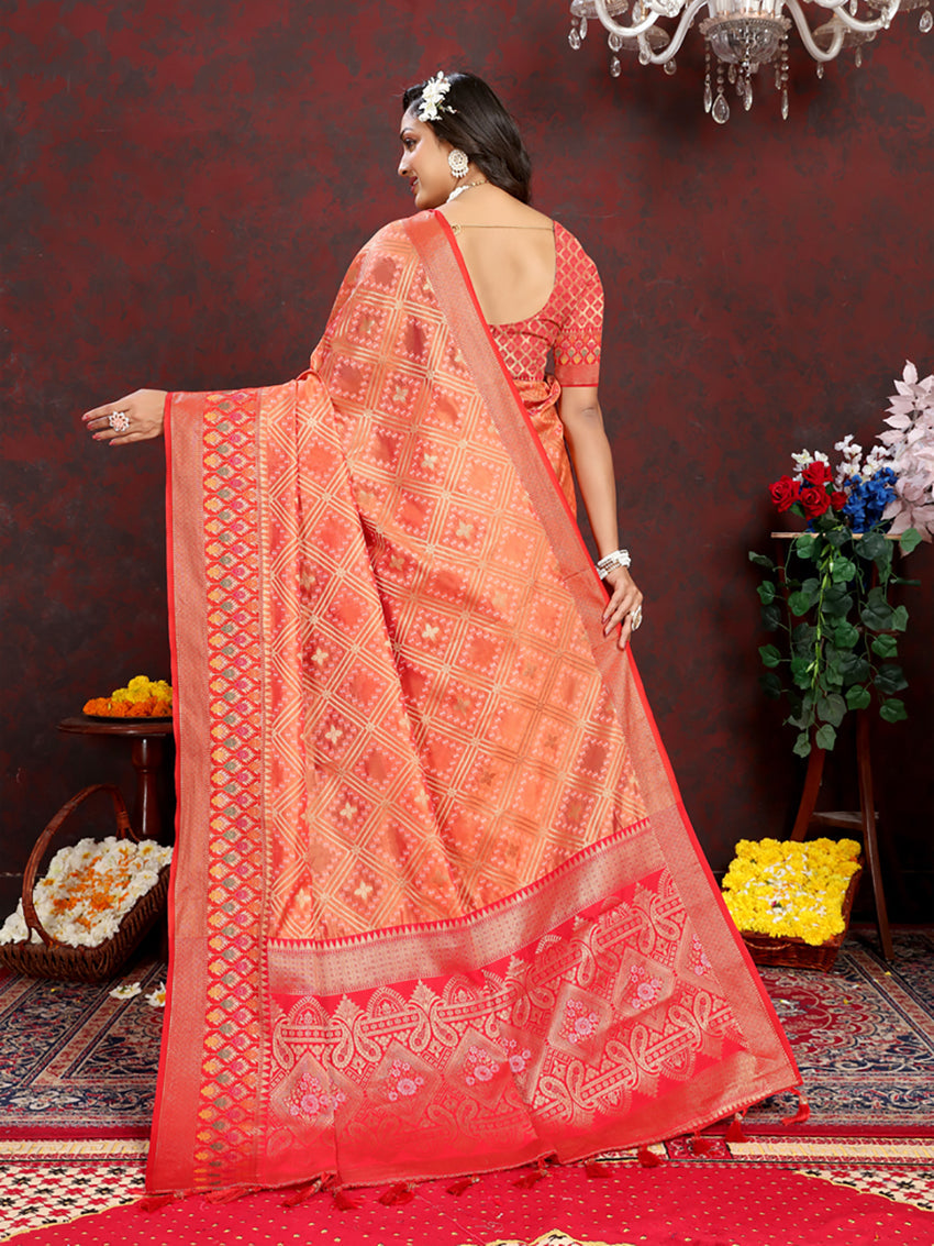 Lorenvalley Fashion Orange Organza Silk Woven Design with Rich Meenakari Weaving Pallu Saree - Swadesiicart