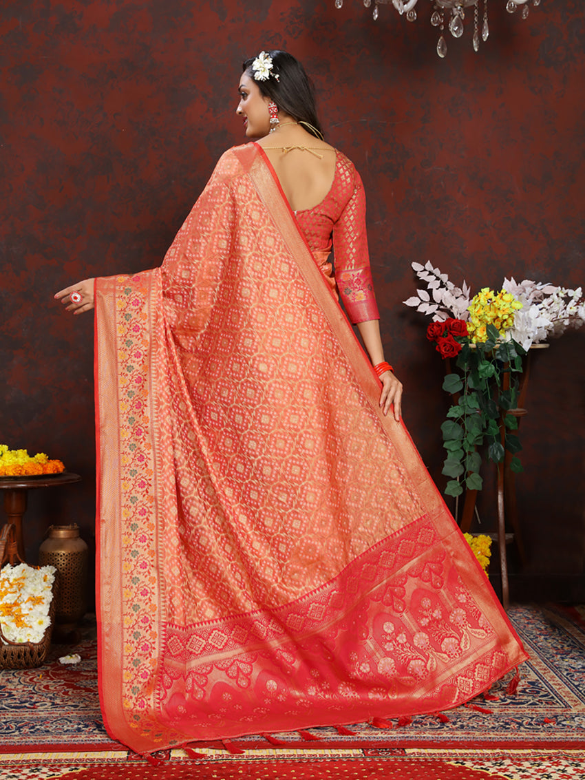 Lorenvalley Fashion Orange Organza Silk Woven Design with Rich Meenakari Weaving Pallu Saree - Swadesiicart
