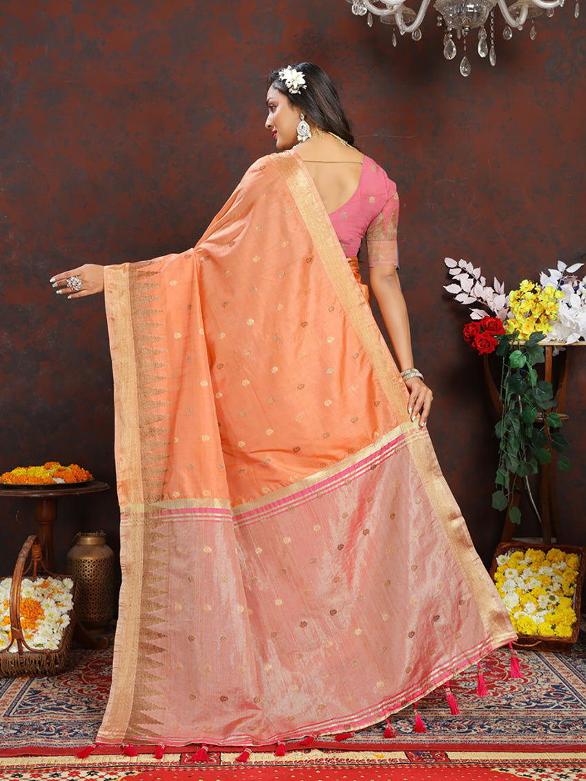 Lorenvalley Fashion Orange Soft Katan Silk Woven Design Zari Weaving Pallu Saree - Swadesiicart