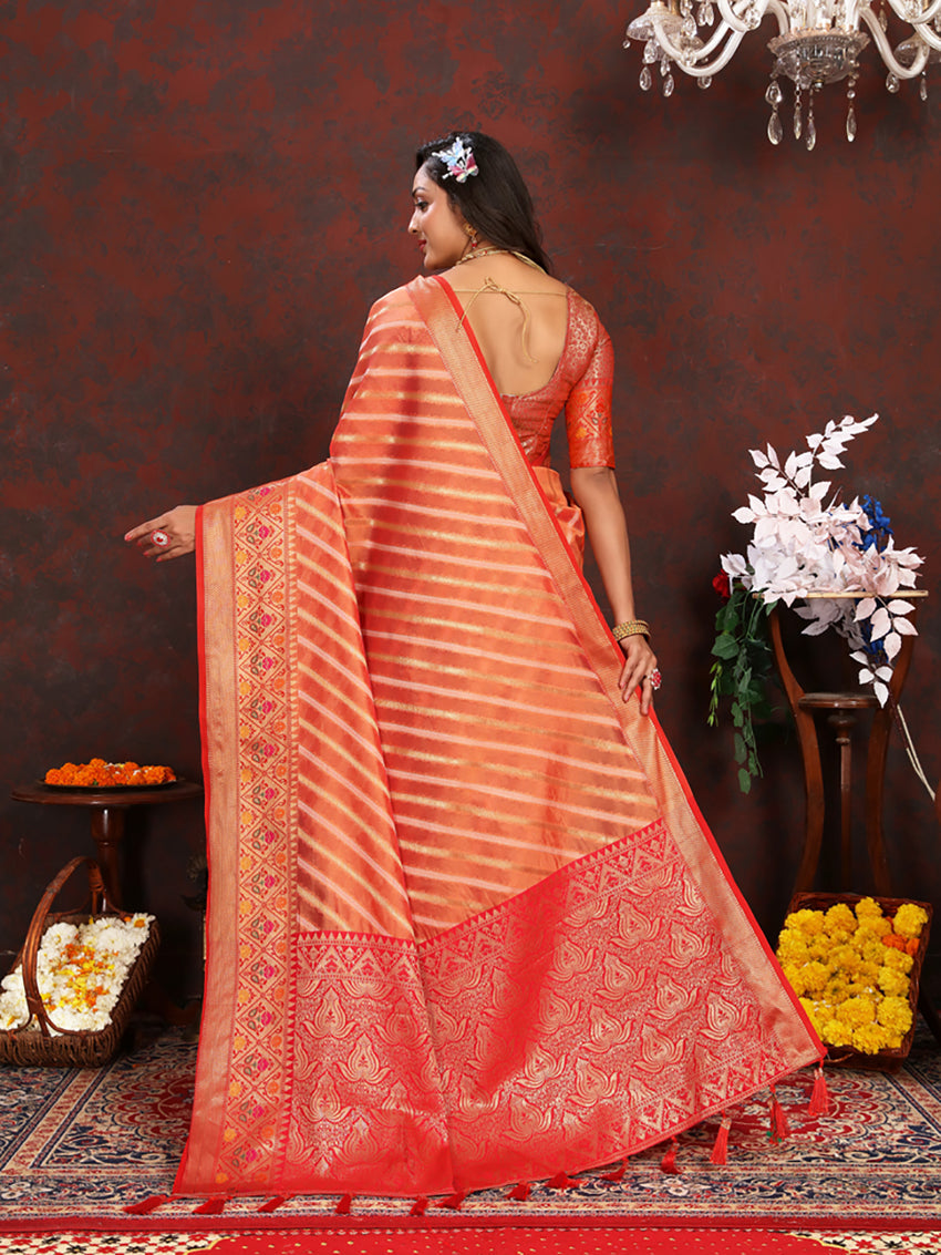 Lorenvalley Fashion Orange Organza Silk Woven Design with Rich Meenakari Weaving Pallu Saree - Swadesiicart
