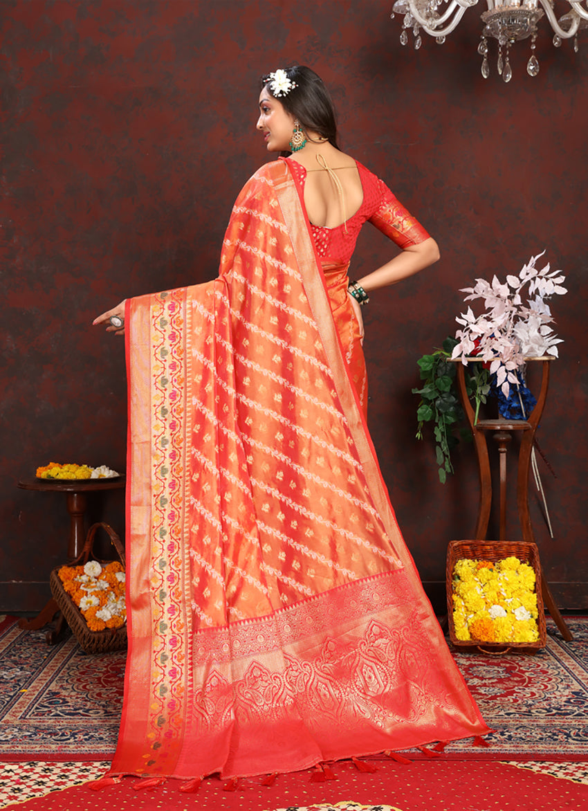 Lorenvalley Fashion Orange Organza Silk Woven Design with Rich Meenakari Weaving Pallu Saree - Swadesiicart