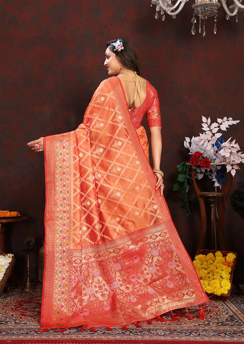 Lorenvalley Fashion Orange Organza Silk Woven Design with Rich Meenakari Weaving Pallu Saree - Swadesiicart