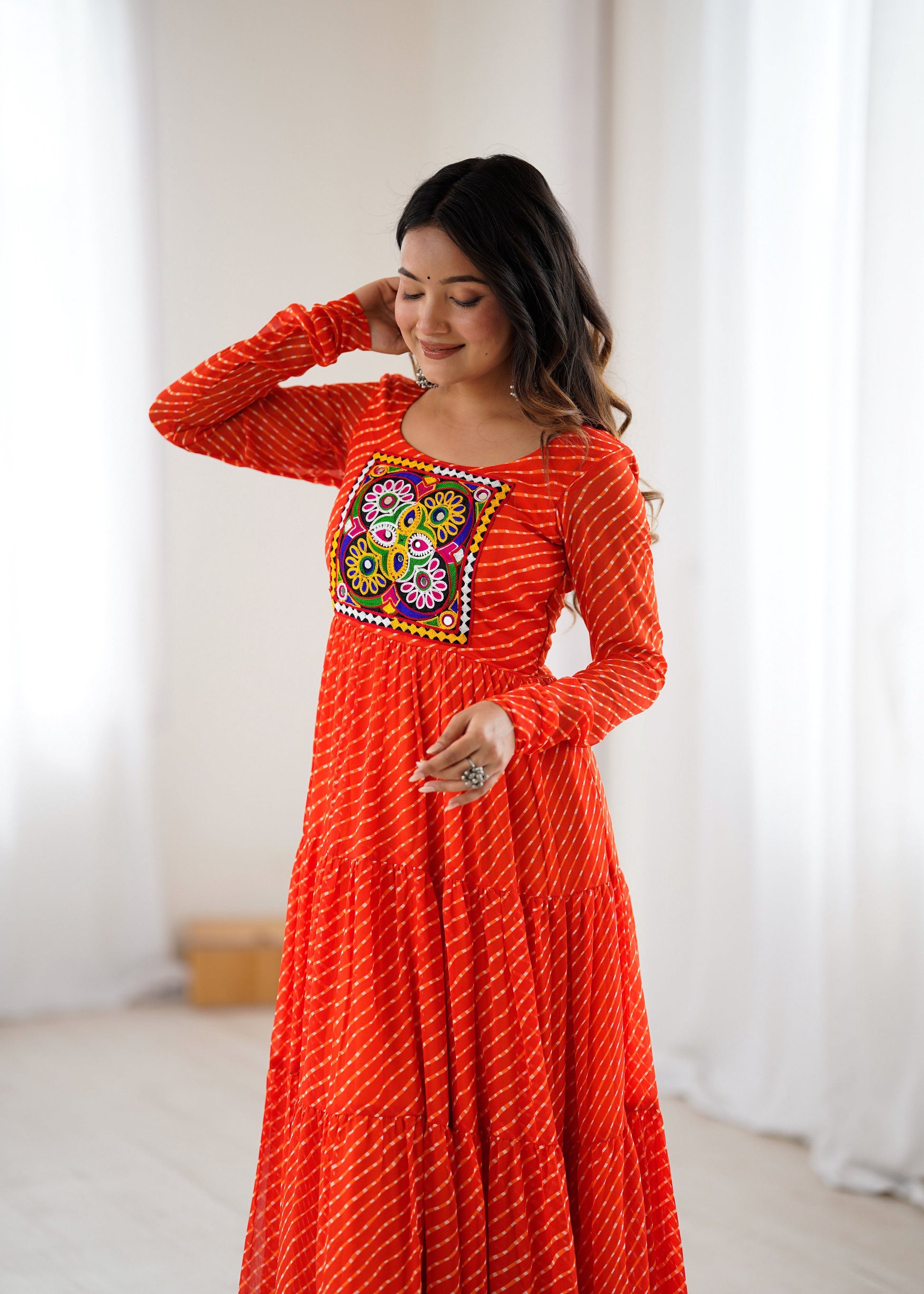 Lorenvalley Fashion Women Pure Soft Faux Georgette Leheriya Print Anarkali Gown - Swadesiicart