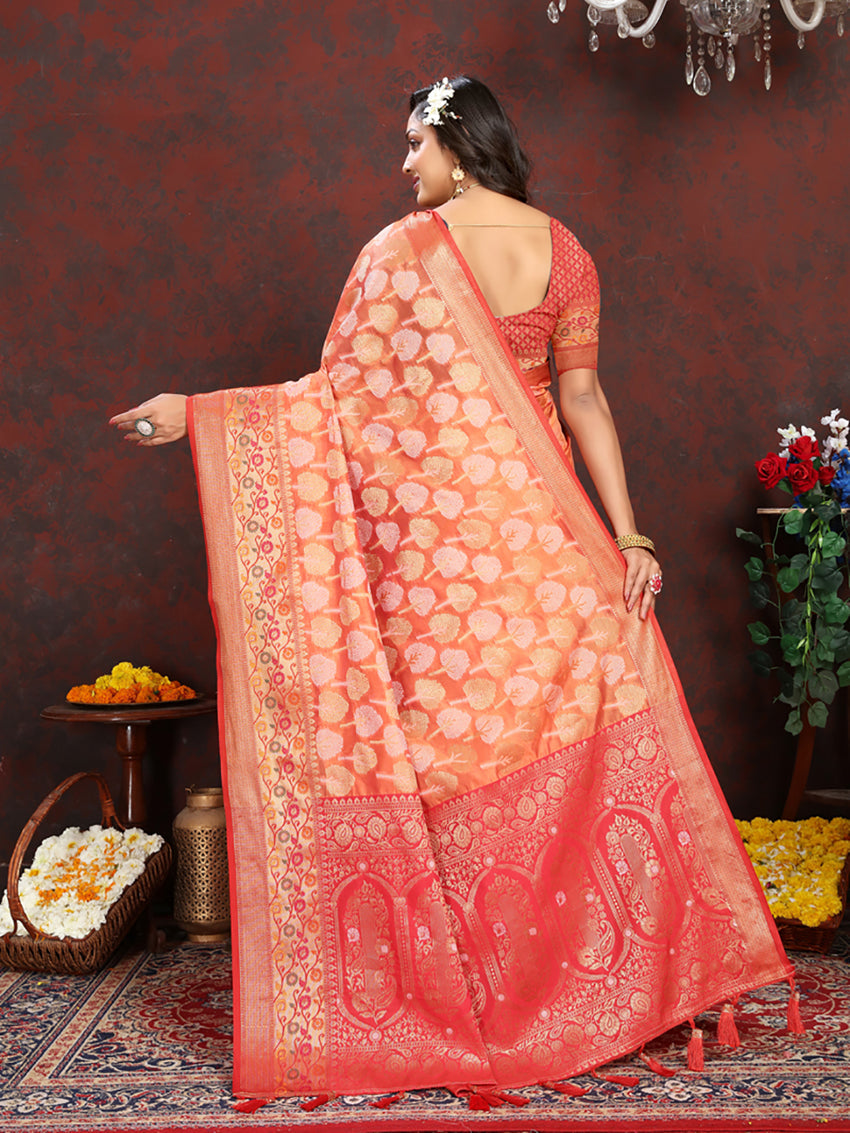 Lorenvalley Fashion Orange Organza Silk Woven Design with Rich Meenakari Weaving Pallu Saree - Swadesiicart