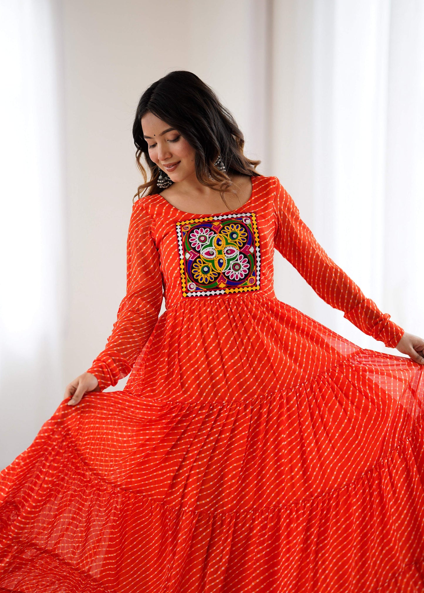 Lorenvalley Fashion Women Pure Soft Faux Georgette Leheriya Print Anarkali Gown - Swadesiicart
