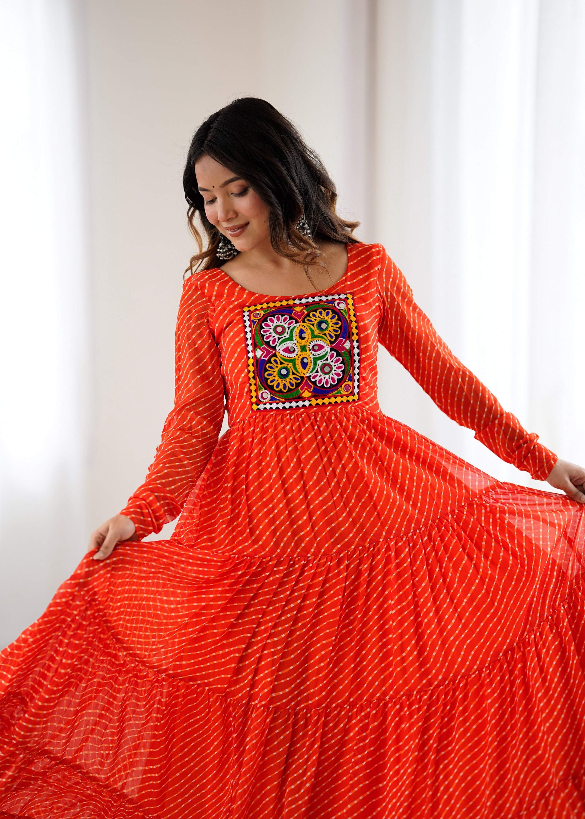 Lorenvalley Fashion Women Pure Soft Faux Georgette Leheriya Print Anarkali Gown - Swadesiicart