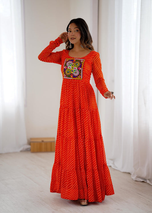 Lorenvalley Fashion Women Pure Soft Faux Georgette Leheriya Print Anarkali Gown - Swadesiicart
