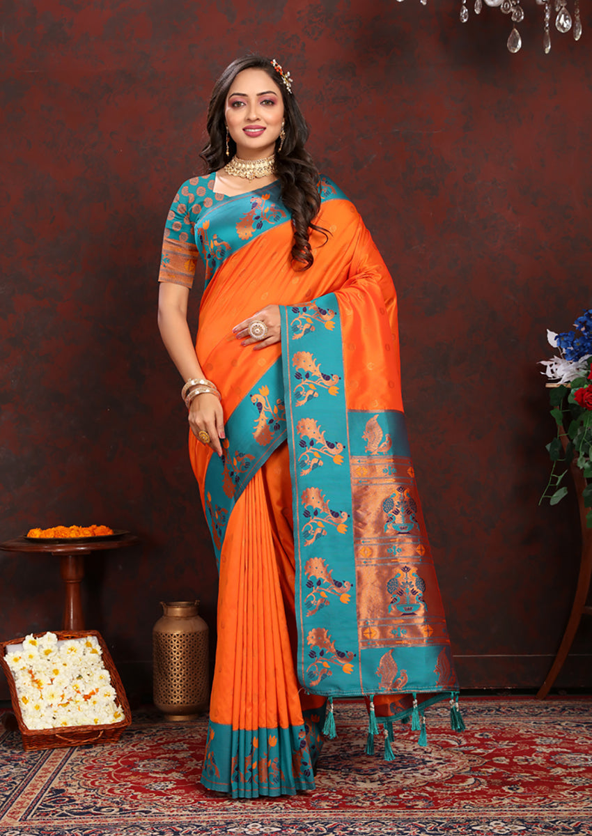 Lorenvalley Fashion Orange Soft Paithani Silk Woven Design Rich Zari Meenakari Weaving Saree - Swadesiicart