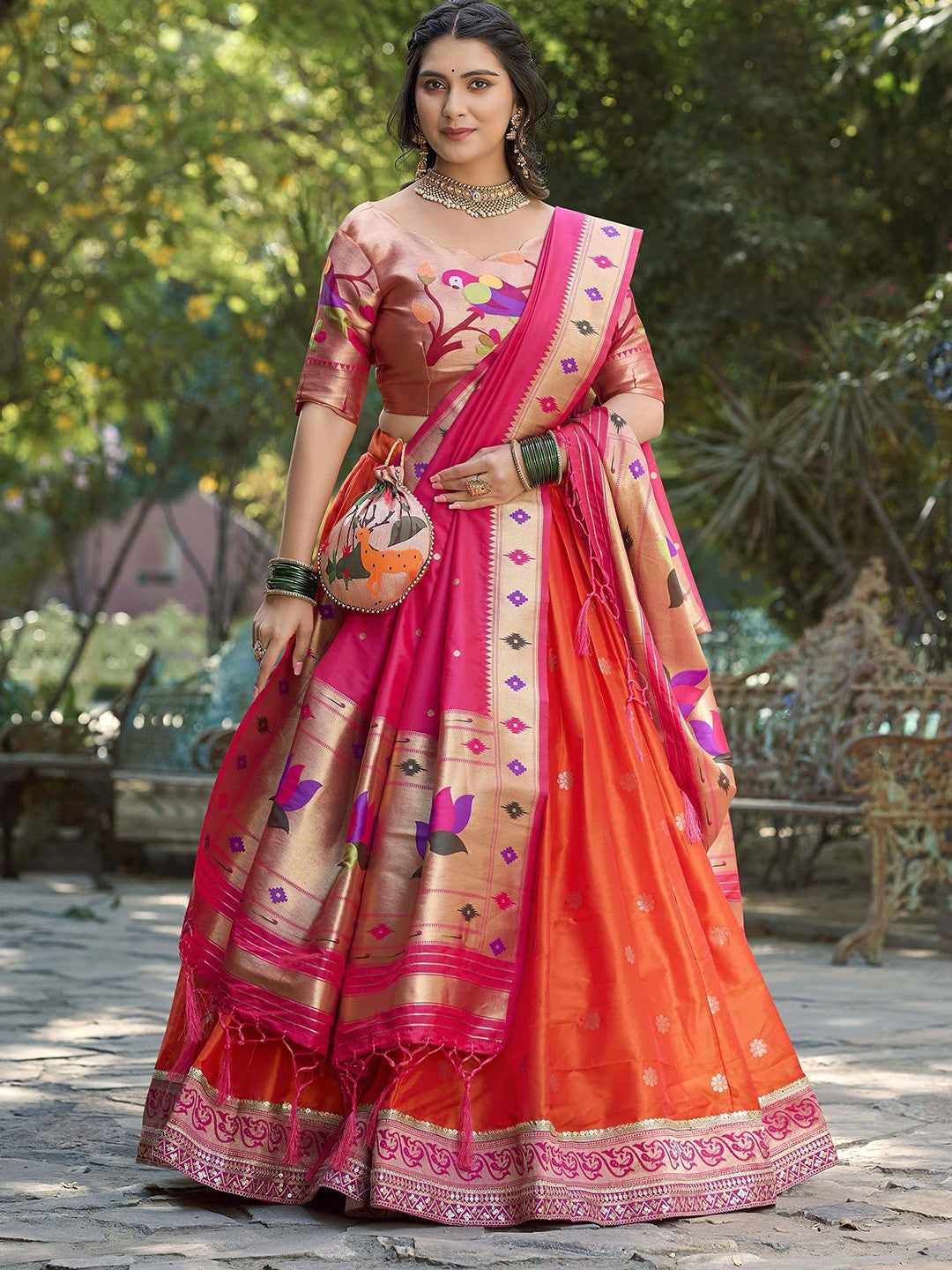 Lorenvalley Orange Jacquard Silk Paithani Weaving Zari Lehenga Choli with Dupatta | Swadesiicart
