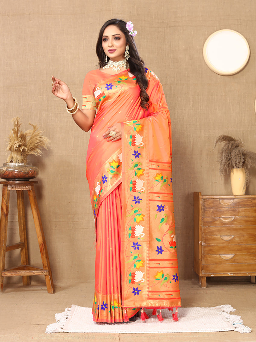 Lorenvalley Fashion Orange Soft Paithani Silk Woven Design Rich Zari Meenakari Weaving Saree - Swadesiicart