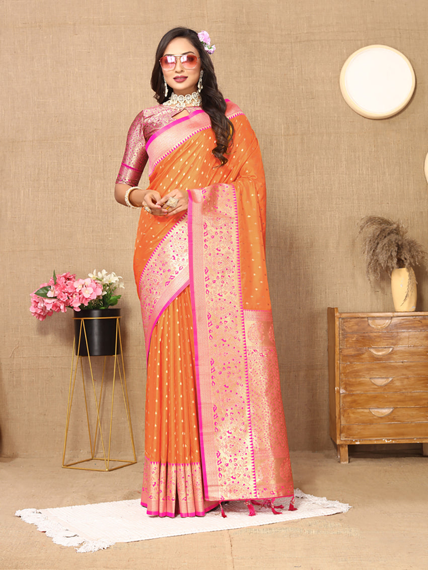 Lorenvalley Fashion Orange Soft Silk weaving Design Rich Zari Weaving Saree - Swadesiicart