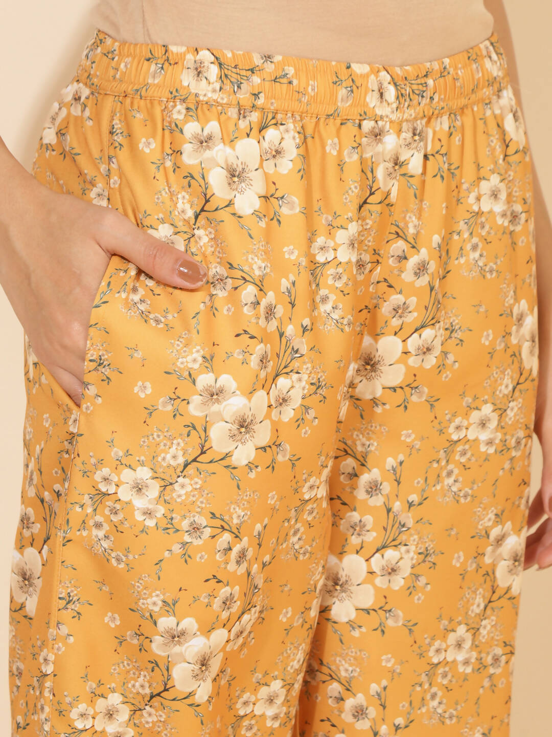 Janasya Women's Mustard Moss Floral Printed Casual Front Slit Co-ords - Swadesiicart