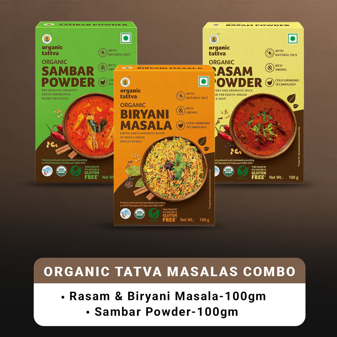 Organic Tattva South-Indian Masala Combo (100 Gm Each)- Sambar Powder, Rasam and Biryani Masala | Swadesiicart