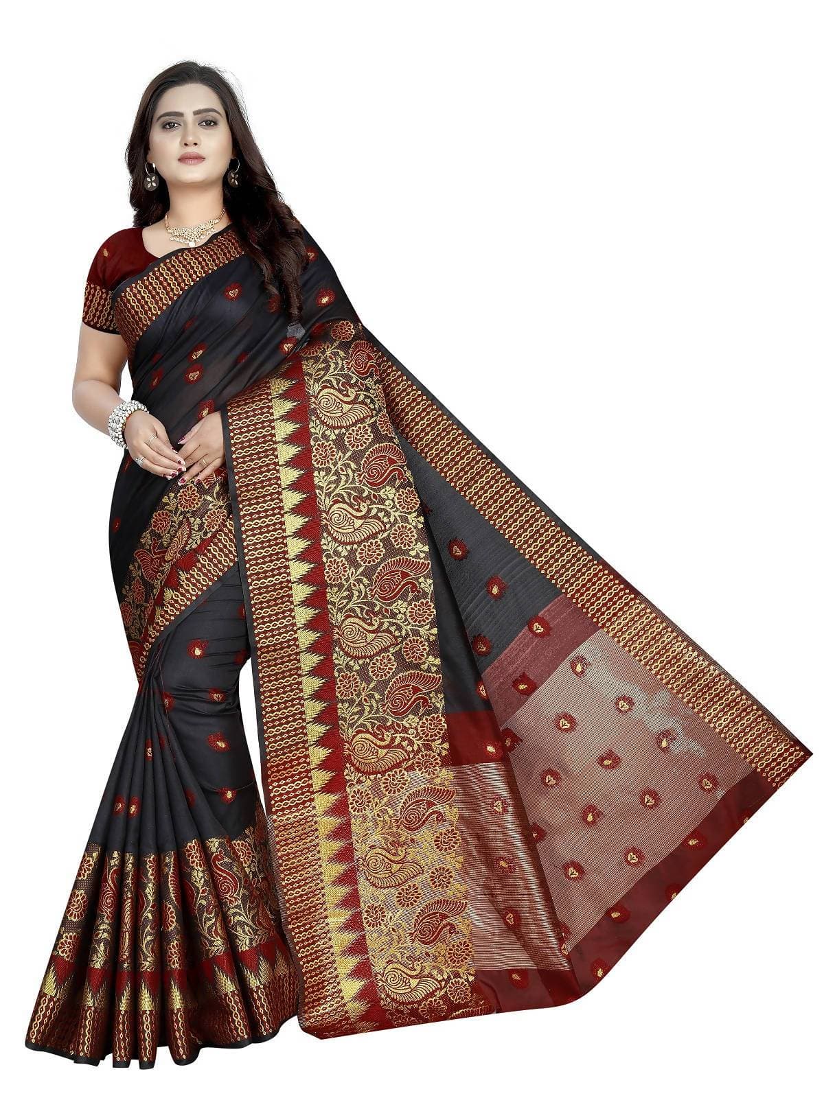 Vamika Banarasi Jaquard Black & Red Weaving Saree | Swadesiicart