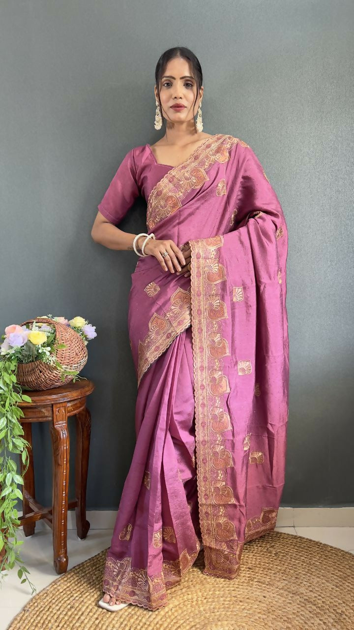 Vastranavya Mauve Vichitra Silk Zari with Swarovski Work Ready to Wear Saree | Swadesiicart