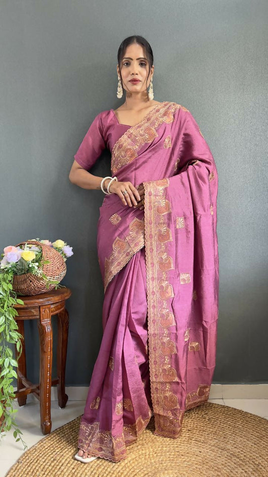 Vastranavya Mauve Vichitra Silk Zari with Swarovski Work Ready to Wear Saree | Swadesiicart