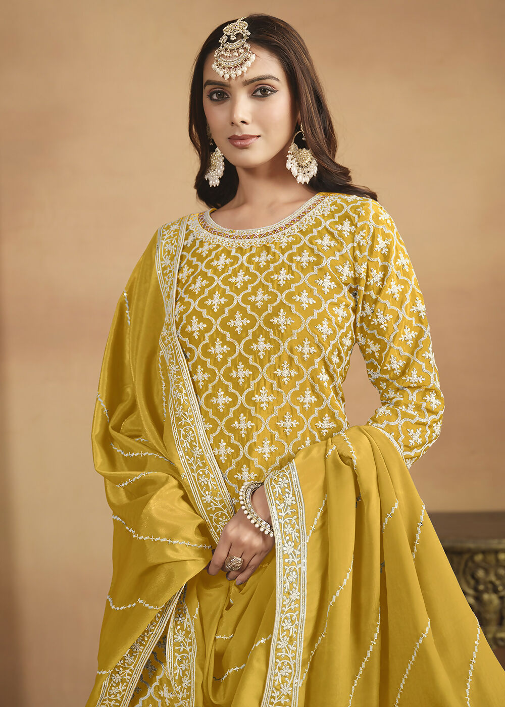 Chinnon Yellow Multicolor Embroidered Lehenga Style Suit - Emponline | Swadesiicart