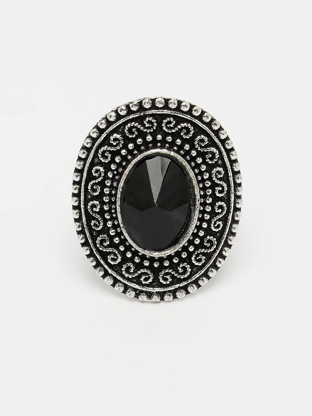 NVR Women's Black Silver-Toned German Silver Adjustable Finger Ring | Swadesiicart