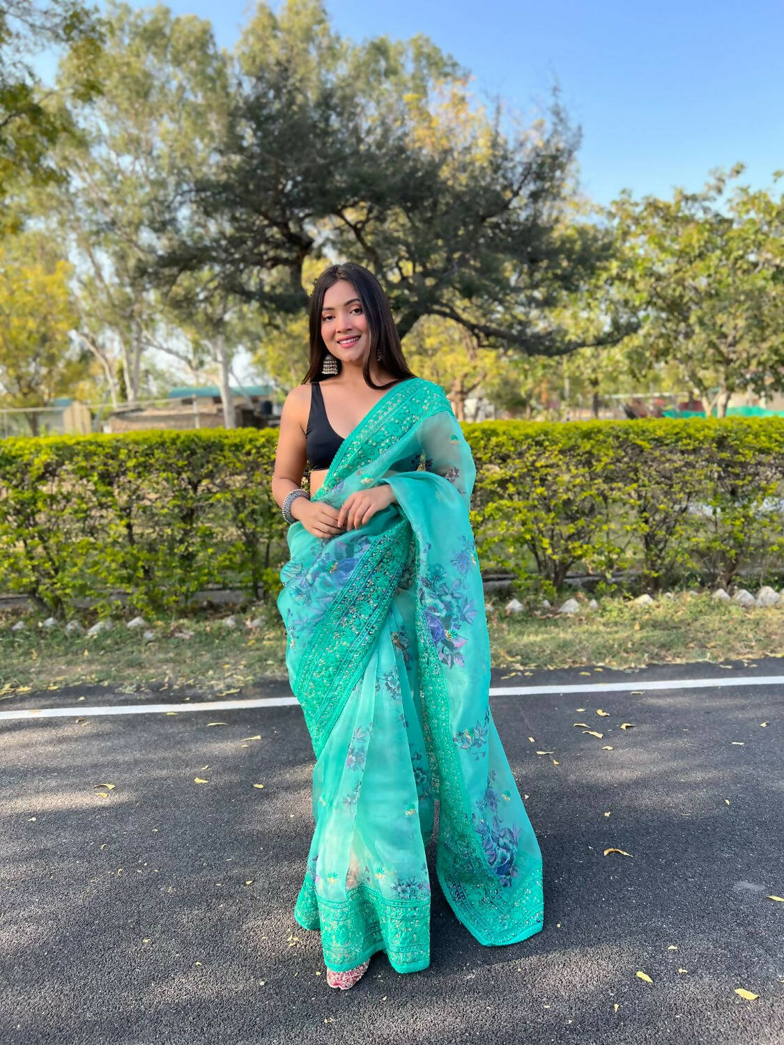 Vamsee Sea Green Organza Saree - Swadesiicart