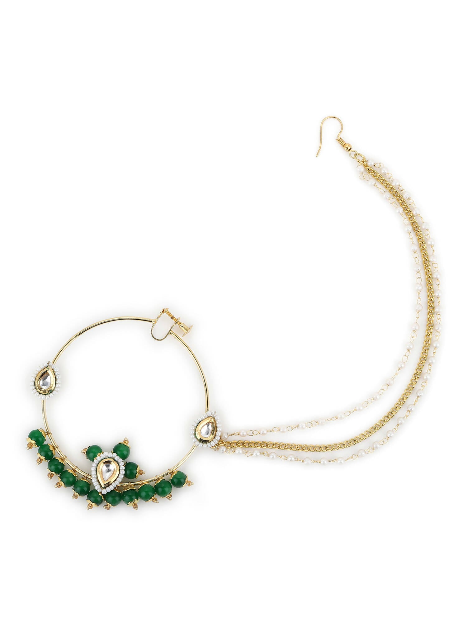Gold-Polished White Green Kundan-Studded Pearl Beaded Nosepin - Ruby Raang | Swadesiicart