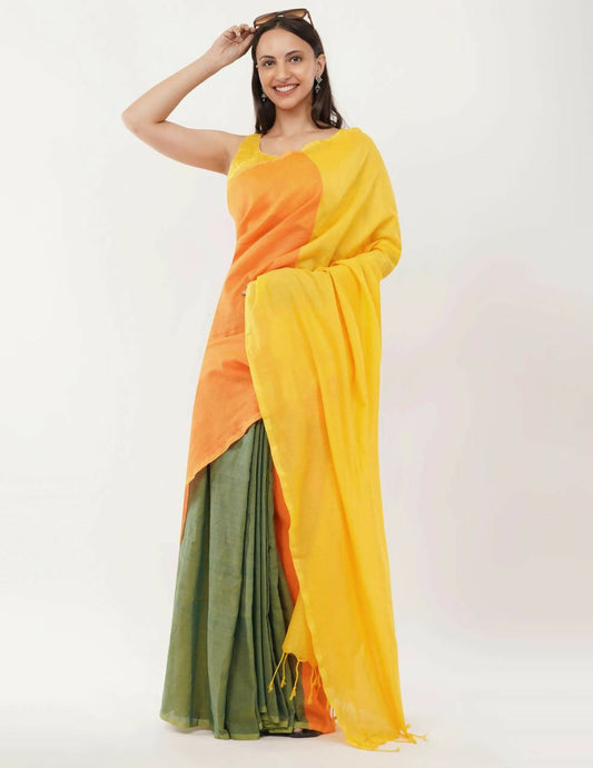 Exclusive Collection Beautiful Khadi Cotton Yellow Orange Green Handloom Saree - Swadesiicart