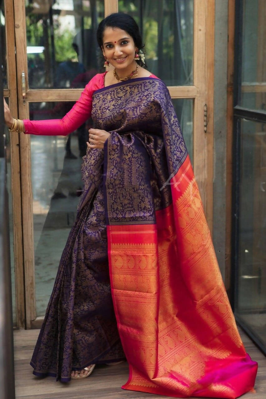 DEIANA'S Beautiful Designer Golden zari Soft Lichi Silk Saree - Purple - Swadesiicart