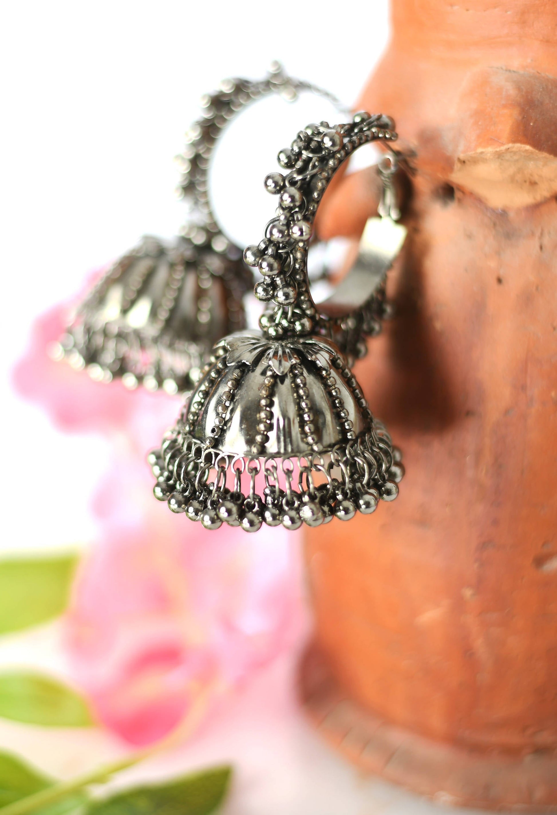Mominos Fashion Johar Kamal Oxidised Black-Plated With Ghungroo Jhumkas - Swadesiicart