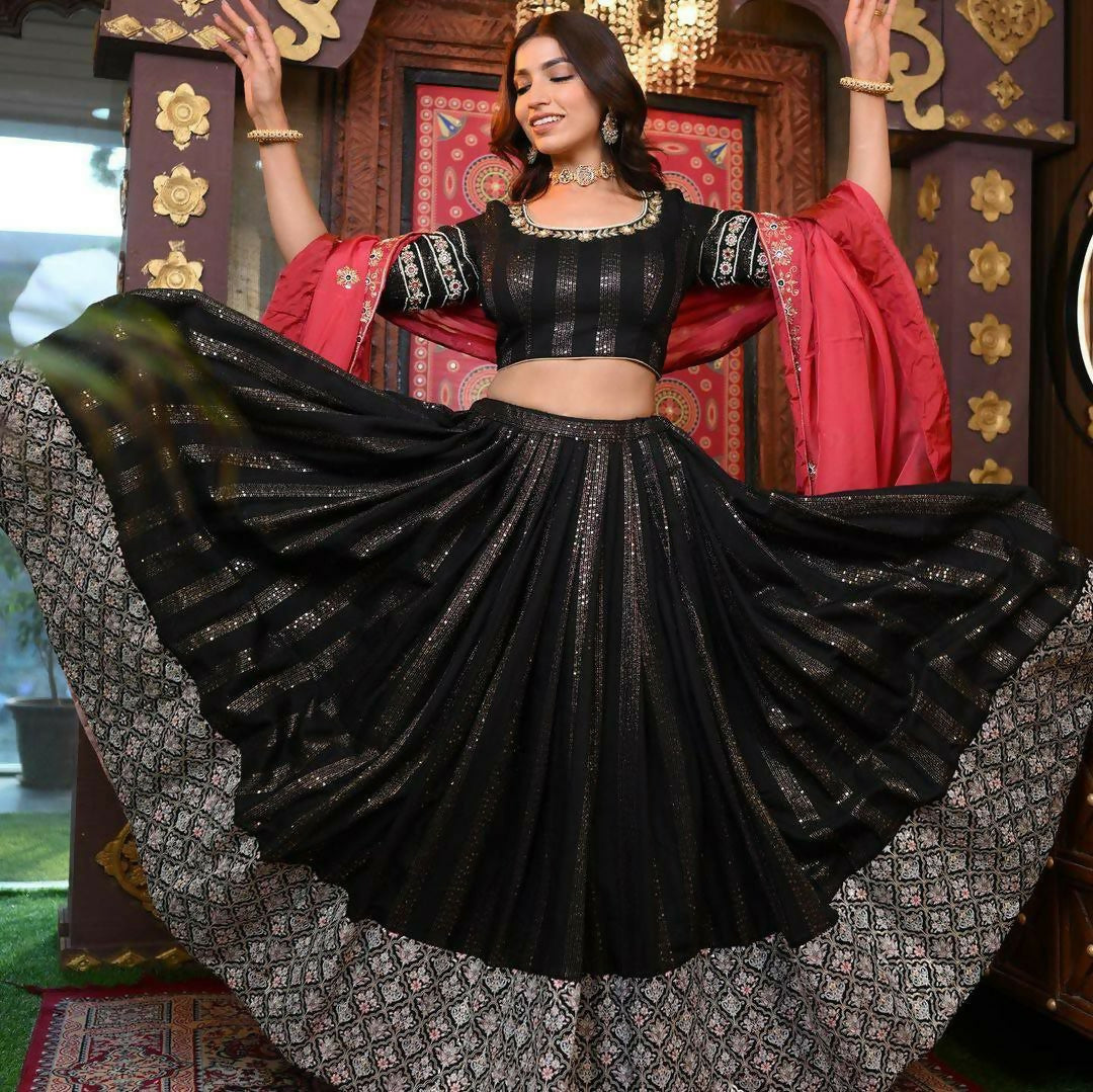 Jyoti Fashion Women's Black Faux Georgette 5MM Sequins with Zari Embroidered Designer Lehenga Choli Set | Swadesiicart