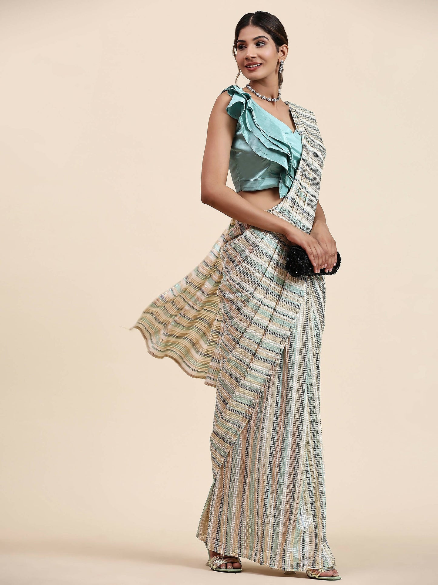 Sky Blue Pure Georgette Sequence work Ready to wear Saree with stitched Blouse - Satiksha | Swadesiicart